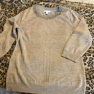 New York & Company Tan Sweater with Embellished Neckline